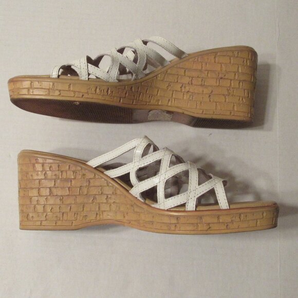 Open Toe Platform Wedge White Leather Slip On Strappy Sandal Size 6.5M - Picture 3 of 8